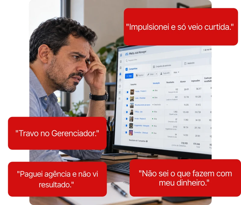 Empresário com a mão na testa diante do Gerenciador de Anúncios aberto na tela, e quatro pensamentos em volta dele: impulsionei e só veio curtida; travo no Gerenciador; paguei agência e não vi resultado; não sei o que fazem com meu dinheiro.